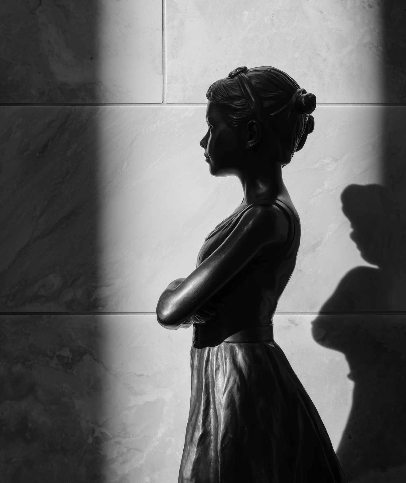 a black statue of a girl with her arms crossed